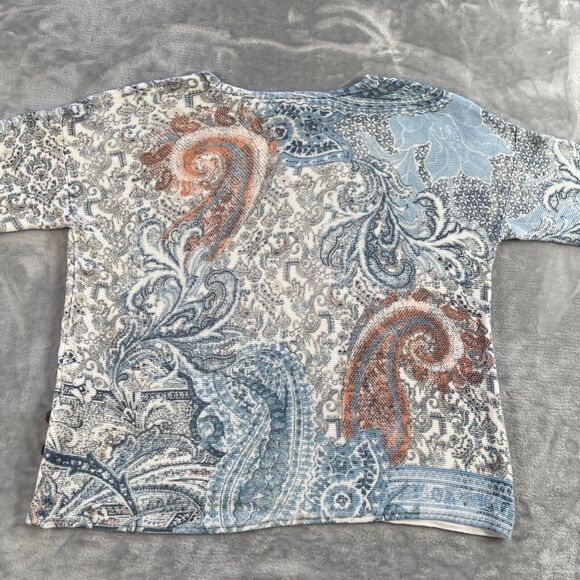 Chico's Pullover Womens 2 Blue Orange Paisley Print Side Button Sweater Knit - Picture 4 of 16